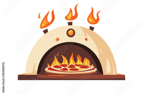 Pizza oven with flames and pizza inside, traditional design, wood-fired cooking, vibrant colors, inviting atmosphere, vector illustration, isolated, flat
