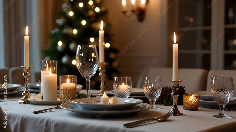 Romantic Christmas table setting with elegant and warm candlelight creatinglntimate holiday dining experience Romantic Christmas table setting with elegant and warm candlelight creatinglntimate holiday dining experience