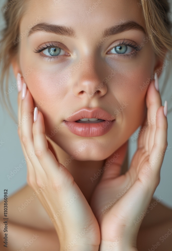 A stunning young woman gazes directly at the camera, her delicate features framed by soft, tousled hair. Her flawless skin glows with a natural radiance, while her hands gently cradle her face A stunning young woman gazes directly at the camera, her delicate features framed by soft, tousled hair. Her flawless skin glows with a natural radiance, while her hands gently cradle her face