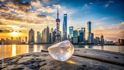 Stunning White Quartz Crystal Art Poster Capturing the Essence of Shanghai City with Unique Symbolism and Cultural Significance in a Striking Documentary Photography Style photo