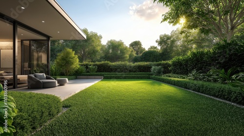 A large, lush green lawn with a house in the background
