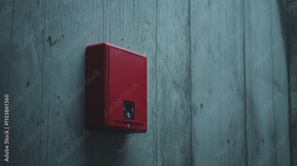 Fire alarm emergency notification safety, A solitary red fire alarm box mounted on a gray concrete wall, creating a stark contrast in color and textures. Fire alarm emergency notification safety, A solitary red fire alarm box mounted on a gray concrete wall, creating a stark contrast in color and textures.