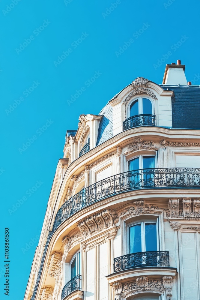 Obraz premium Elegant Parisian building, ornate balconies, blue sky.