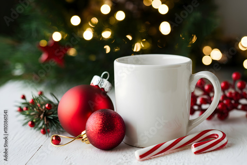 Mug with candy cane and greenery evokes cozy, festive holiday vibes