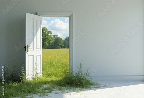 An open door stands ajar, revealing a vibrant field of green grass and trees under a bright blue sky, inviting the viewer into a world of natural beauty. The lush greenery spills into the room
