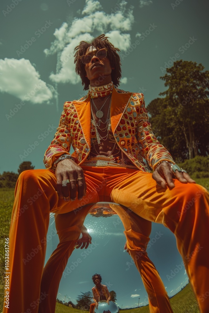 Vibrant Retro Fashion Portrait with Mirror Reflection Featuring Ornate Orange Suit and Dramatic Summer Sky Outdoors