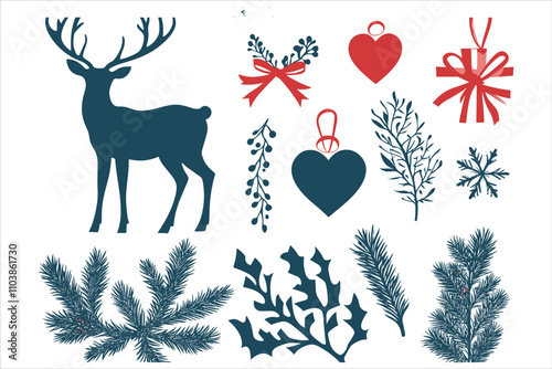 Christmas Vector Art of Deer and Snowflake Silhouettes
