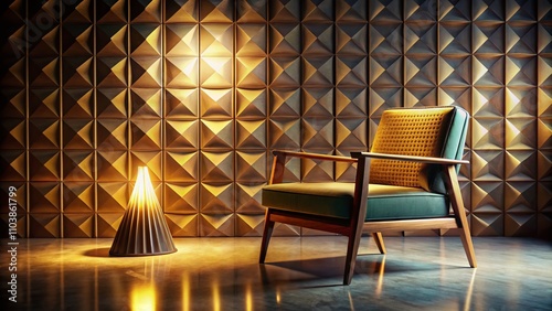 Stylish Angular Side Chair with Wooden Frame Against a Patterned Background in Neutral Tones, Ideal for Night Photography and Modern Interior Design Inspiration photo