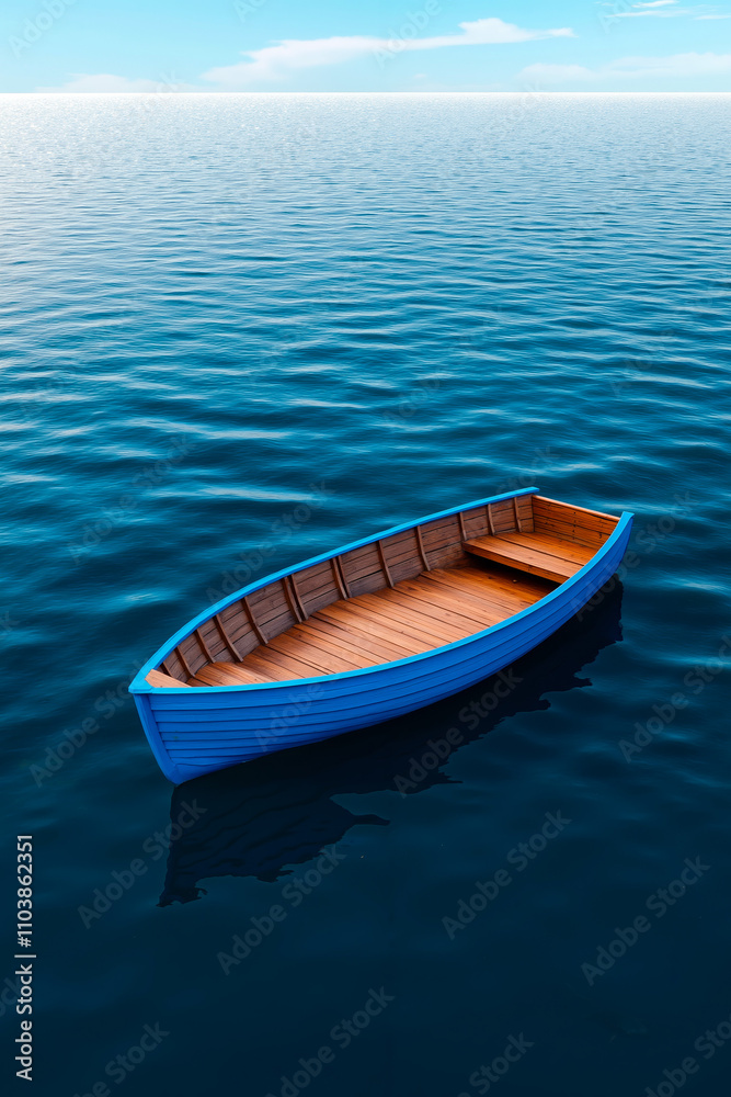 A small blue boat floating on top of a body of water A small blue boat floating on top of a body of water