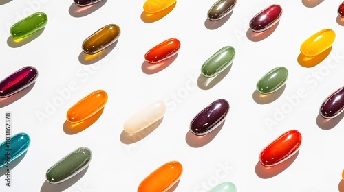 A colorful assortment of dietary supplements and capsules displayed on a white surface, showcasing a variety of shapes and colors.