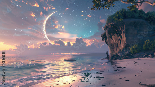 Enchanted beach with a crescent moon 3D render