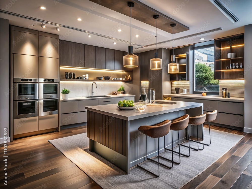 Stylish Contemporary Kitchen Interior with Modern Appliances, Sleek Countertops, Minimalist Design, and Warm Lighting; Perfect for Home Decor Inspiration and Renovation Ideas Stylish Contemporary Kitchen Interior with Modern Appliances, Sleek Countertops, Minimalist Design, and Warm Lighting; Perfect for Home Decor Inspiration and Renovation Ideas