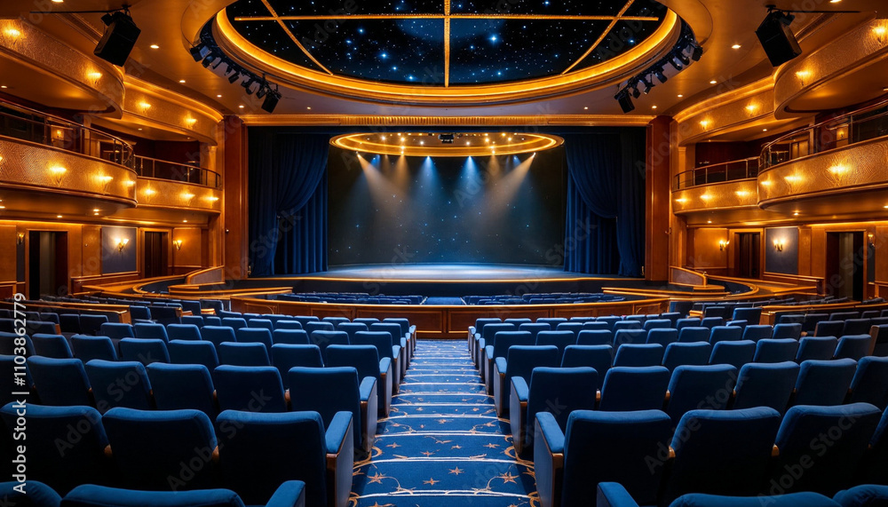 Naklejka premium Elegant cruise ship theater with plush blue seating, a starry stage backdrop, and soft lighting, set for a memorable performance.