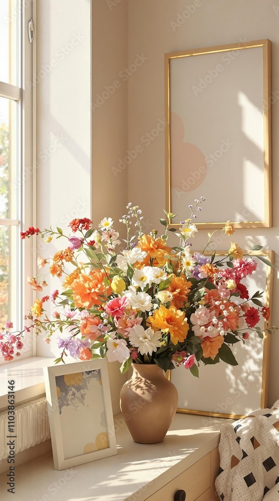 Fototapeta premium Bright natural light coming through window onto floral arrangement and framed artwork, bright colors, vibrant