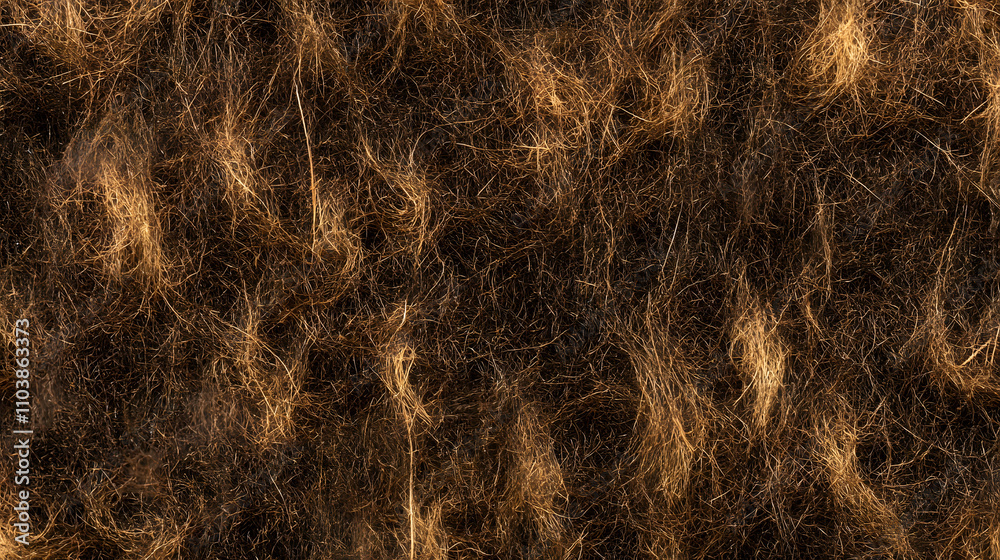 Fototapeta premium Close-up texture of light brown animal fur or hair. Intricate strands create a dense, interwoven pattern against a dark background. Ideal for backgrounds or textures.