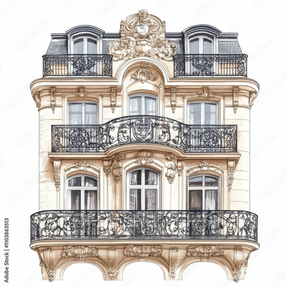 Fototapeta premium Elegant Parisian building facade, ornate balconies.