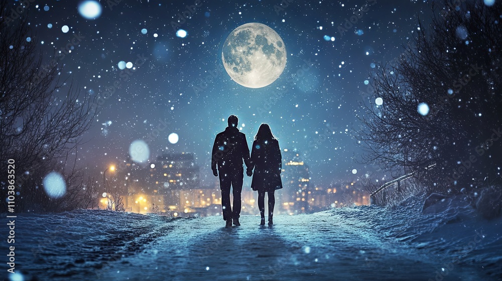 Obraz premium Winter Night Walk Under the Moon