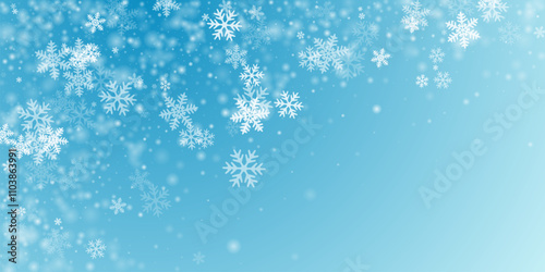 Random falling snowflakes backdrop. Winter fleck freeze granules. Snowfall weather white teal blue composition. Filigree snowflakes christmas vector. Snow nature scenery.