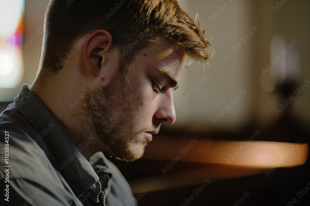 Generative AI Portrait of Peaceful Person in Church with Radiant Light and Religious Reverence Generative AI Portrait of Peaceful Person in Church with Radiant Light and Religious Reverence