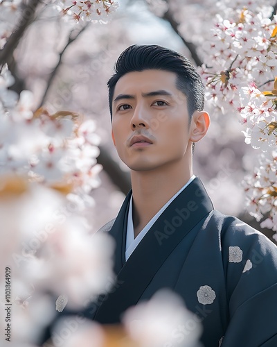 Japan Coming of Age Day, Young Man in Formal Hakama Surrounded by Cherry Blossoms