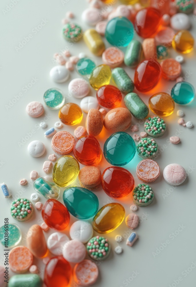 A delightful array of colorful candies sprawls across a soft, neutral background, showcasing a medley of shapes and hues. The glossy, jewel-like candies in shades of orange, green, and blue glisten A delightful array of colorful candies sprawls across a soft, neutral background, showcasing a medley of shapes and hues. The glossy, jewel-like candies in shades of orange, green, and blue glisten