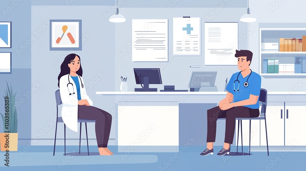A doctor and a patient engage in a consultation in a modern medical office, featuring a clean, organized environment with health-related decor. A doctor and a patient engage in a consultation in a modern medical office, featuring a clean, organized environment with health-related decor.