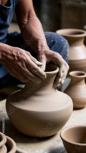 An intimate portrait of a potters hands shaping clay the earthy tones of the pottery contrasting with their delicate skillful movements