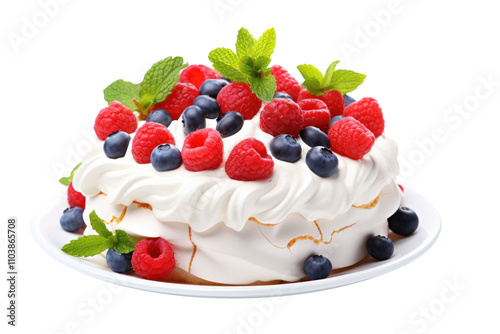 A visually appealing Pavlova cake with a light and crunchy meringue layer, topped with smooth whipped cream. Fresh strawberries, blueberries