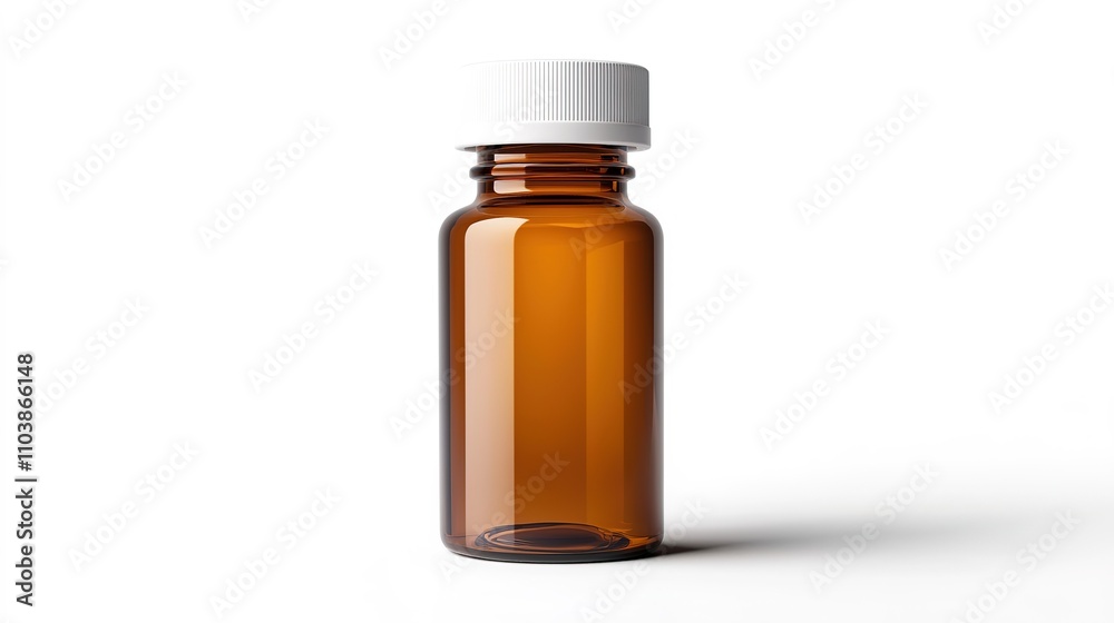 A simple brown glass bottle with a white screw cap, often used for storing liquids or pharmaceuticals. A simple brown glass bottle with a white screw cap, often used for storing liquids or pharmaceuticals.