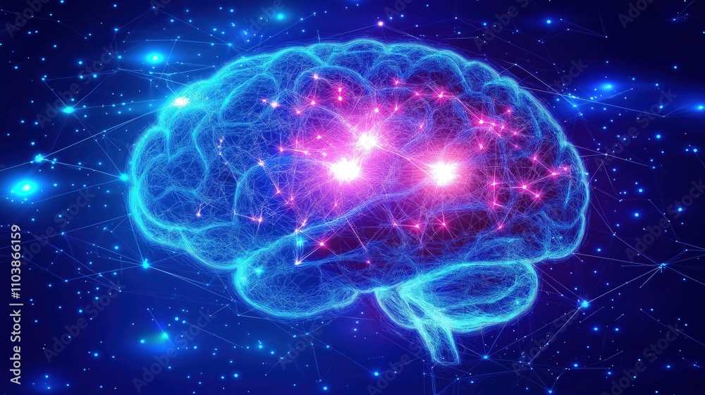 A brain with a blue background and red and purple lights