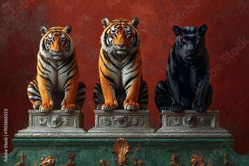 Three stylized tigers, two orange and one black sit on a pedestal. photo