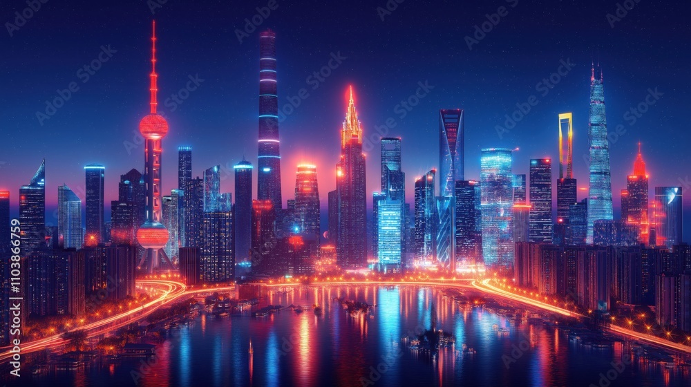 Fototapeta premium A city skyline at night with a bridge in the middle