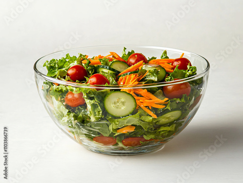 Fresh Garden Salad in a Clear Glass Bowl on Seamless White Background