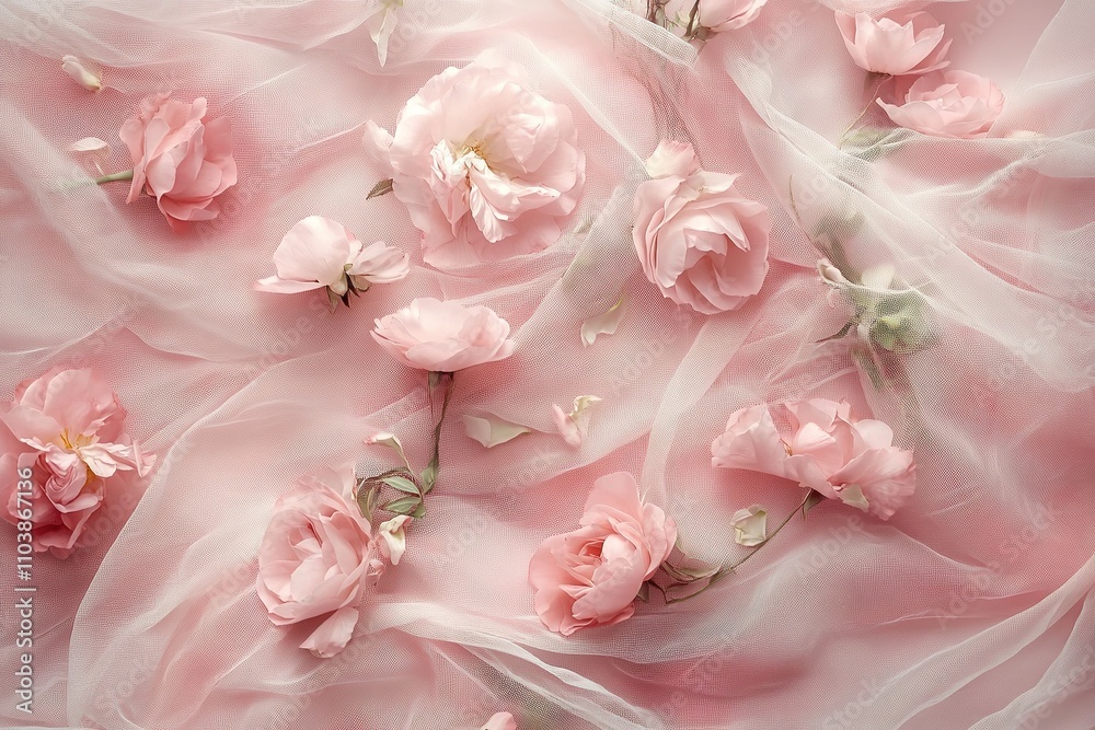 Pink chiffon fabric adorned with soft roses. Pink chiffon fabric adorned with soft roses.