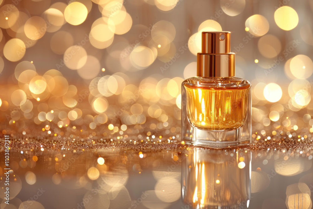 Two bottles of woman perfume on gold background.. Two bottles of woman perfume on gold background..