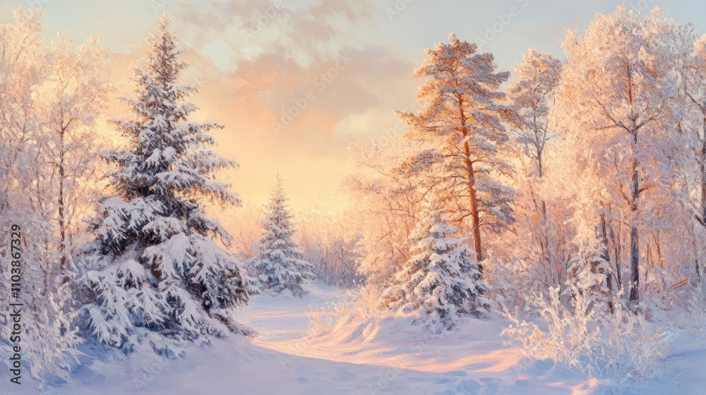The sunrise shines on the snow-covered pine trees The sunrise shines on the snow-covered pine trees