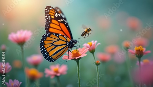 In a vibrant garden, a stunning Monarch butterfly gracefully perches on a delicate pink flower, while a busy bee hovers nearby, creating a scene of harmony and life. The soft, dreamy background