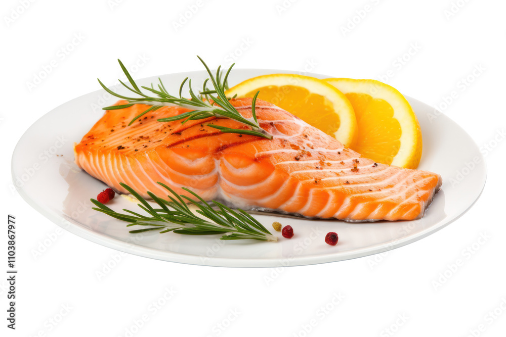 A vibrant fresh salmon steak with its rich orange color, garnished with a slice of lemon and sprigs of rosemary, beautifully arranged on a white plate. A vibrant fresh salmon steak with its rich orange color, garnished with a slice of lemon and sprigs of rosemary, beautifully arranged on a white plate.