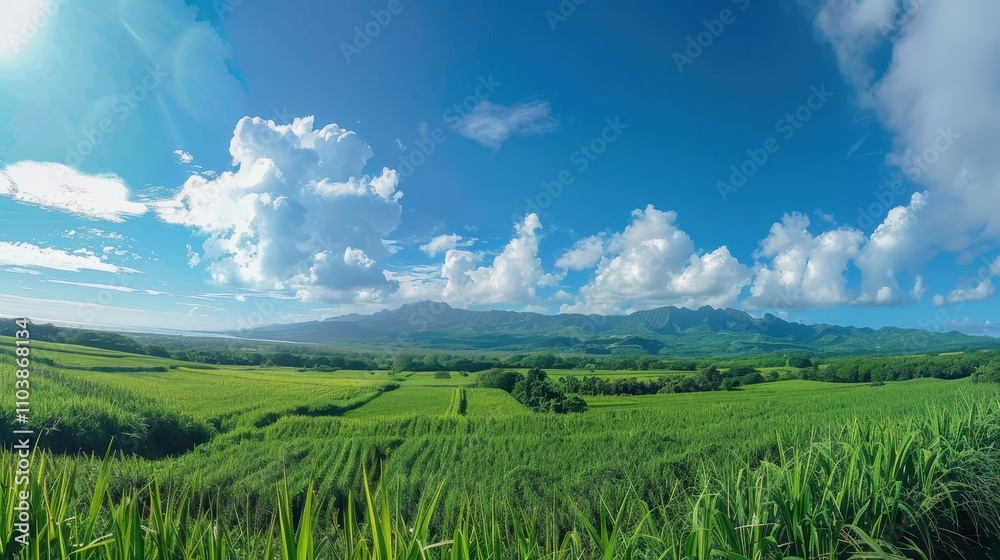 A vast green meadow stretches towards a clear blue sky dotted with fluffy white clouds, a picturesque summer landscape A vast green meadow stretches towards a clear blue sky dotted with fluffy white clouds, a picturesque summer landscape