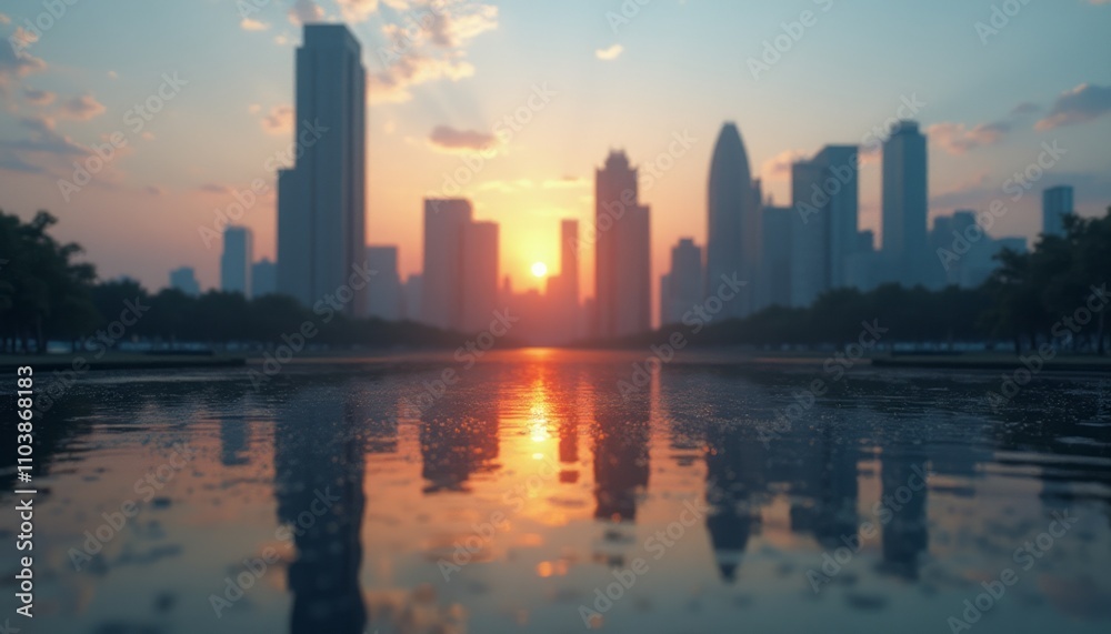 Fototapeta premium The image captures a breathtaking city skyline silhouetted against a vibrant sunset, with the sun dipping below the horizon, casting a warm glow over the water. Reflections shimmer on the surface