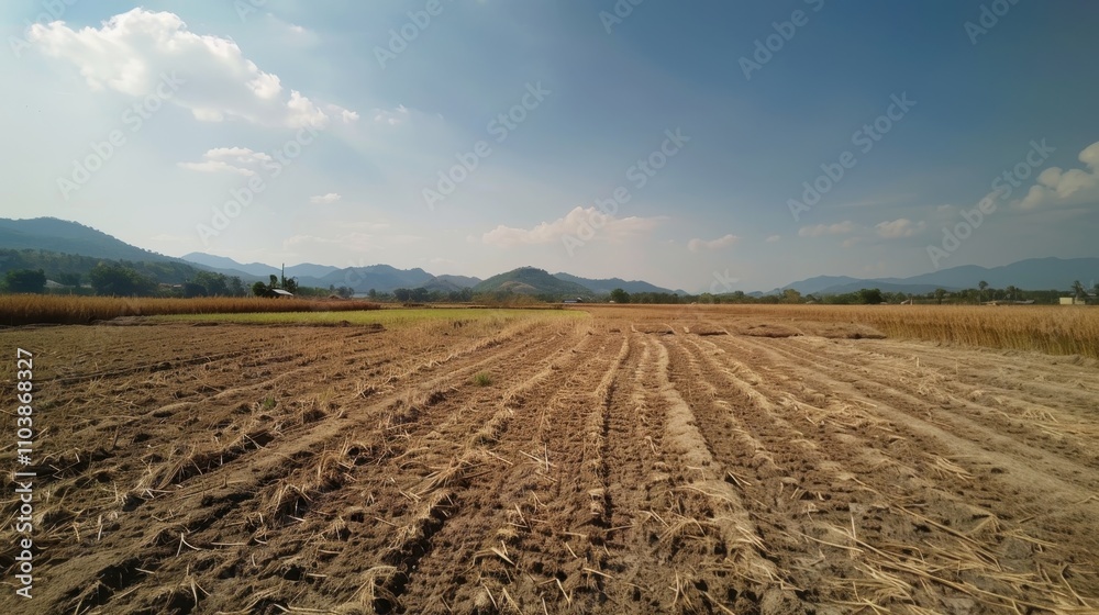 Plowed farmland stretches towards a clear blue sky, a rural landscape of cultivated earth and green grass Plowed farmland stretches towards a clear blue sky, a rural landscape of cultivated earth and green grass