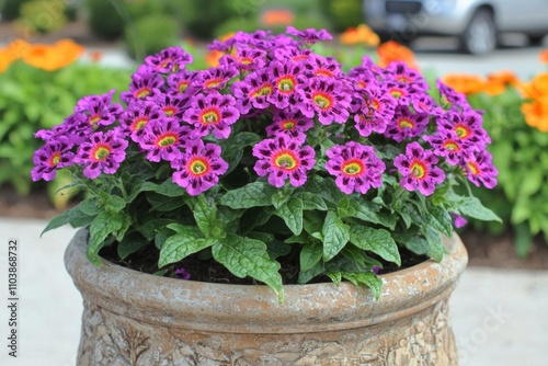 Cozy of  Purple Verbena flowers planted in the pot, summer teracce or window decoration. , isolated on white background,  , copy space, copy space for text,