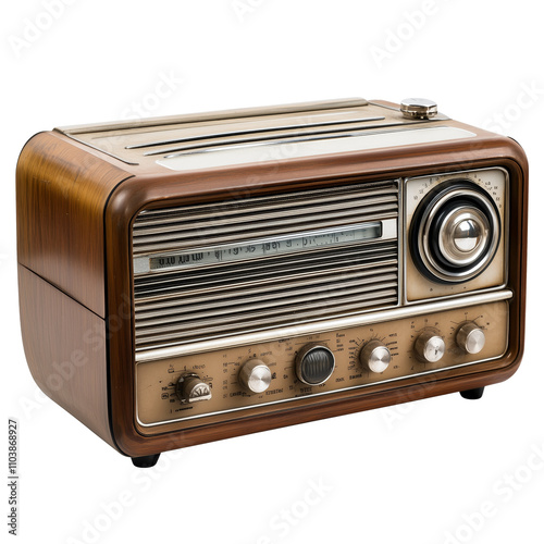 Retro stereo radio design, vintage decor isolated on white. Retro stereo features a classic wooden design with tuner dials, PNG file on transparent background.