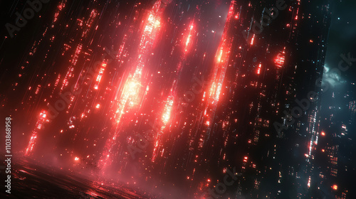 Illuminated red towers reflecting on dark water create a futuristic atmosphere in a surreal environment at night. Generative AI