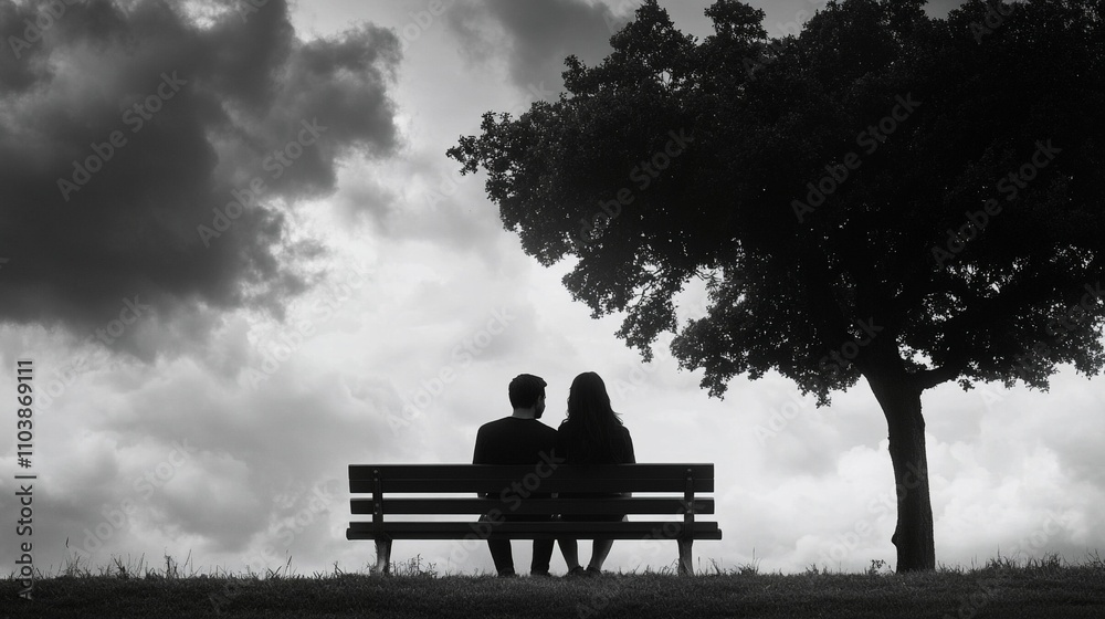 A thoughtful young couple sits back-to-back on a bench in a park, reflecting on their relationship under a cloudy sky A thoughtful young couple sits back-to-back on a bench in a park, reflecting on their relationship under a cloudy sky
