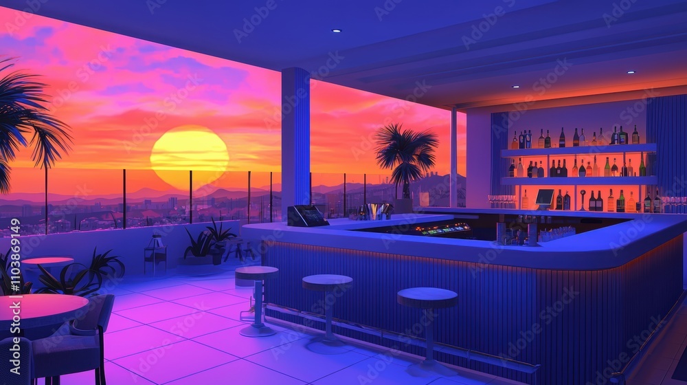 Fototapeta premium A vibrant rooftop bar at sunset, featuring a stunning view with colorful skies, palm trees, and a sleek bar design.