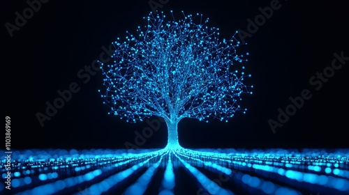 A glowing blue tree made of digital particles against a dark background, symbolizing technology, nature, and connectivity.