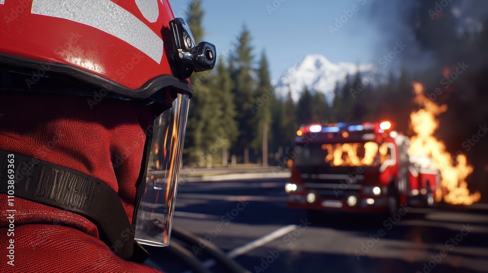 Fototapeta premium A firefighter observes a blazing vehicle in a mountainous area, showcasing the urgency and danger of firefighting in natural landscapes.
