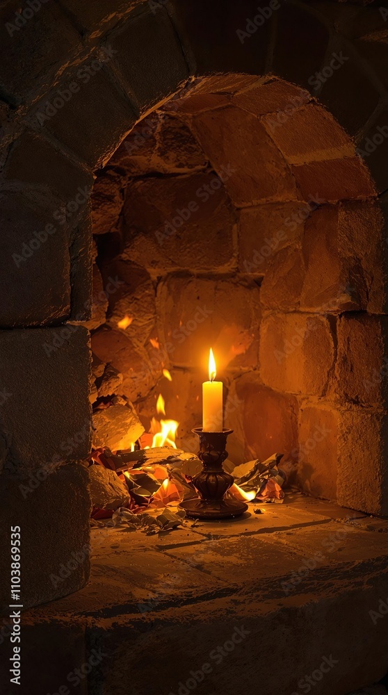 Burning candle casting warm light in fireplace, wood fire, winter nights, glowing ember Burning candle casting warm light in fireplace, wood fire, winter nights, glowing ember
