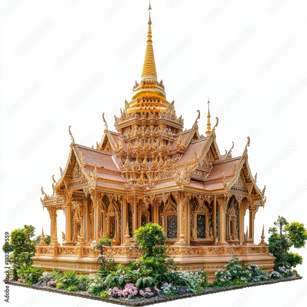 Fototapeta premium Ornate golden temple, landscaped base.